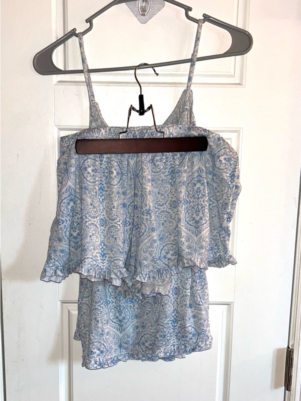 Joyspun Blue Paisley Ruffled Knit Cami & Shorts Pajama Set - Large